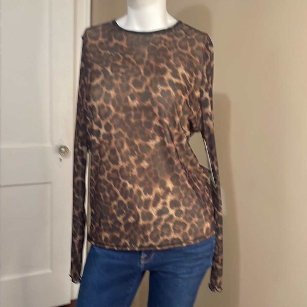 NWT Med Edited Leopard Print Long Sheer Sleeve Blouse in Brown and Tan